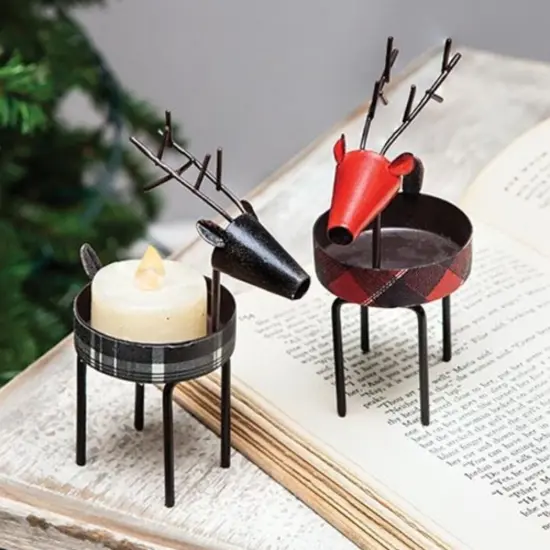Metal Tealight Holder, 5 inches Buffalo Check Deer with Antlers, 2 Asstd. {2}