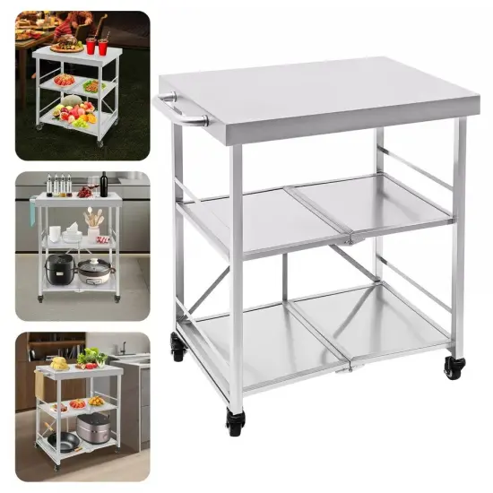 3 Tiers Utility Cart with Wheels Storage Shelf Kitchen Cart Fold Stainless Steel {4}