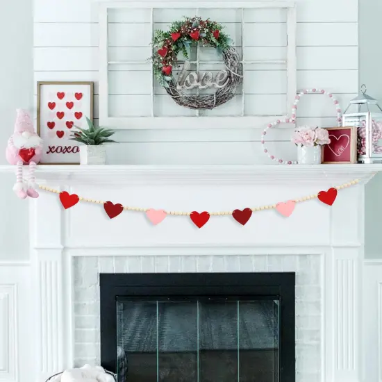 DAZONGE Valentines Day Decorations, Wood Bead Garland with Felt Hearts for Valentine Decor, Red and Pink Farmhouse Valentine&rsquo;s Day Banner for Wedding, Anniversary Decorations {5}