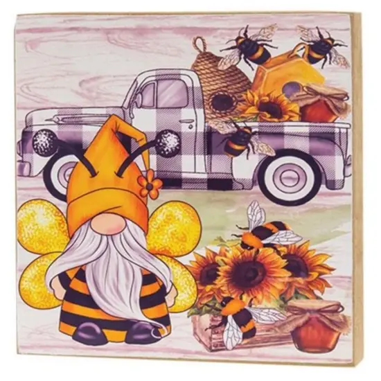 Bumblebee Gnome With Buffalo Check Truck Square Block {1}