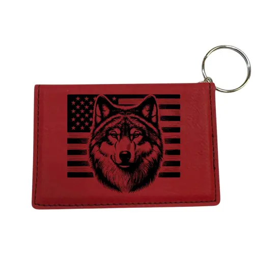 Keychain ID Holder Wallet - Wolf and US Flag - Leather Red/Black {1}