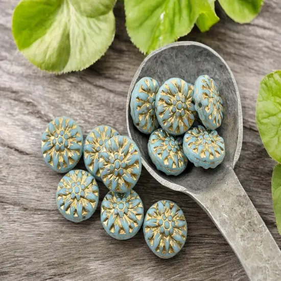 *12* 15mm Gold Washed Sky Blue Turquoise Dahlia Flower Coin Beads {4}