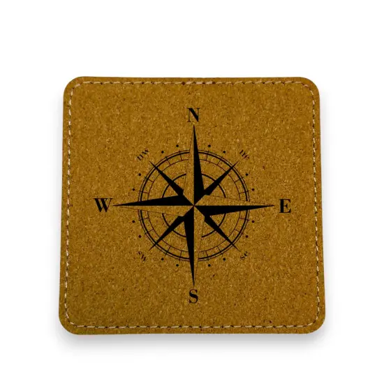 Coaster - Compass Rose - SET OF 2 - Leather or Stitched Cork Black/Silver {4}