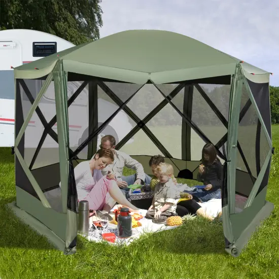 Costway 11.5 X 11.5 FT 6-Sided Pop-up Screen House Tent With 2 Wind Panels for Camping Coffee/Green {2}
