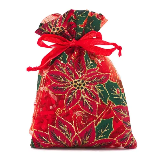 Red Poinsettias Sheer Fabric Bag 4&rdquo; x 6&rdquo; for Holiday Gifts {2}