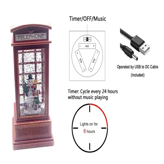 7" Red Telephone Booth Water Snow Globe with Snowman and Child - Christmas Decor {2}