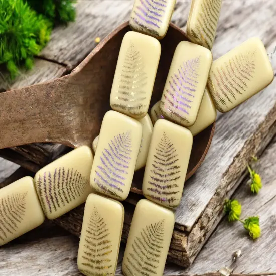 *6* 18x12mm Opaque Beige Sliperit Fern Leaf Laser Tattoo Rectangle Bead {4}