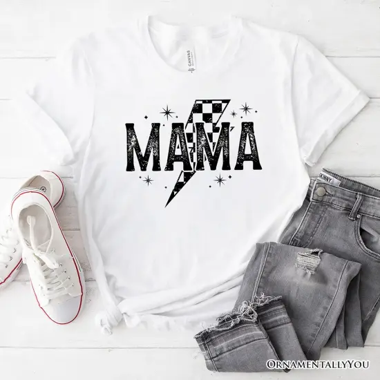 Checkered Lightning Bolt Mama Tee, Vintage Retro Black and White Tee for Energetic Moms {7}