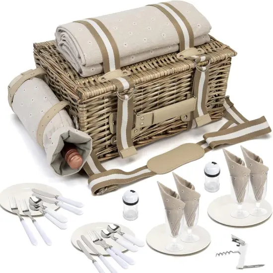 31Pcs Picnic Basket Set for 4 with Insulated Liner and Waterproof Blanket Wine Pouch, Large Wicker Picnic Hamper {3}