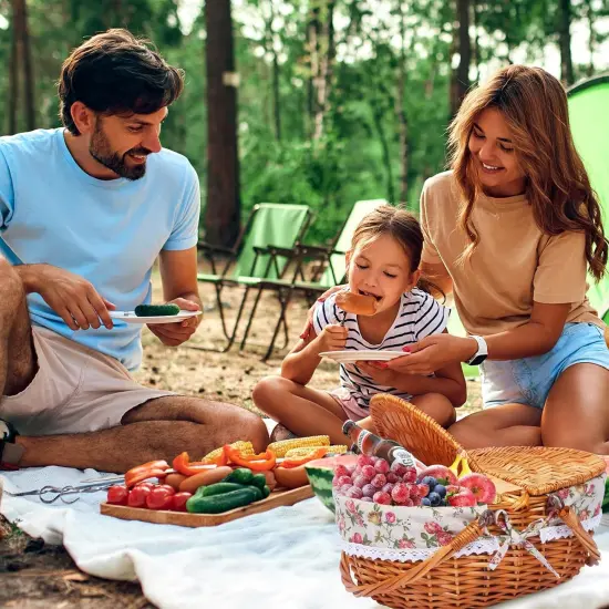 Wicker Picnic Basket Set for 4 with Lid and Handle Picnic Hamper with Washable Lining and Cutlery Set for Outdoor, Camping, Halloween, Christmas, and Birthday {5}