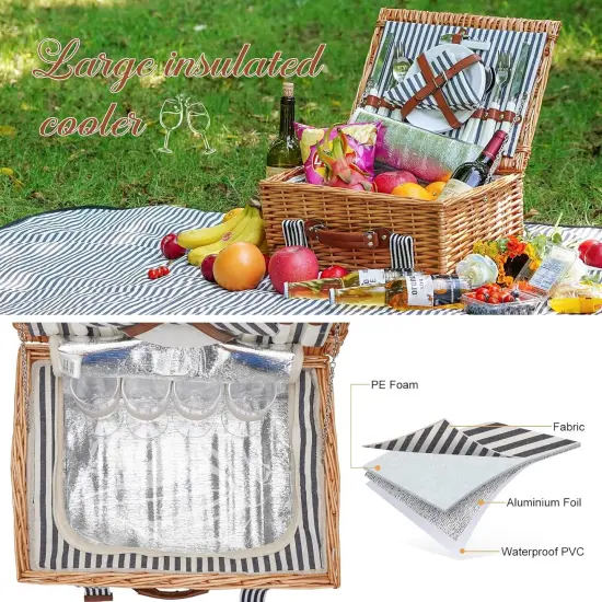 Wicker Picnic Basket Set for 4 Persons with Blanket,Handmade Willow Picnic Basket with Insulated Cooler & Cutlery Kit, Gift Basket {2}