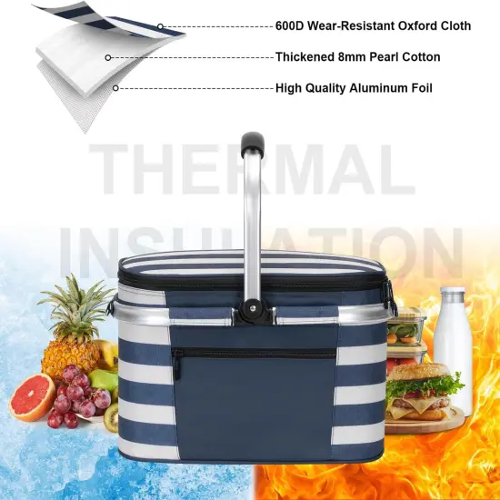Insulated Picnic Baskets Shoping Basket Cooler Bag Collapsible Portable Picnic Basket (Blue White Stripe) {5}