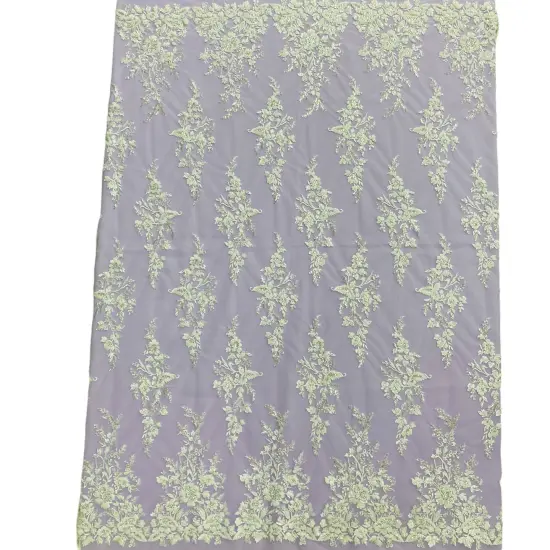 1 Yard Beaded & Sequined Embroidered Lace Fabric on 100% Polyester Mesh, 52" Wide Silver {7}