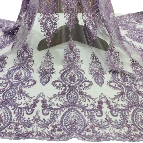 1 Yard Beaded Lace Fabric on 100% Polyester Net Mesh, Light Coral, Embroidered Lace, 48" Wide Lt. Coral {4}