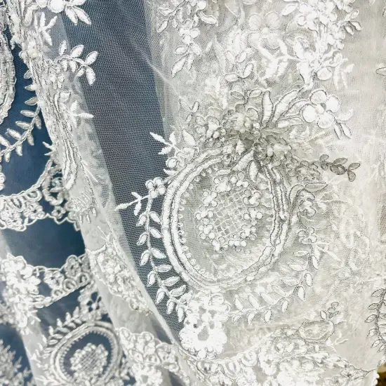 1 Yard White Beaded & Corded Embroidered Lace Fabric, 100% Polyester Mesh, 48" Wide, Elegant Fabrication for Gowns & D&eacute;cor White with Silver {4}