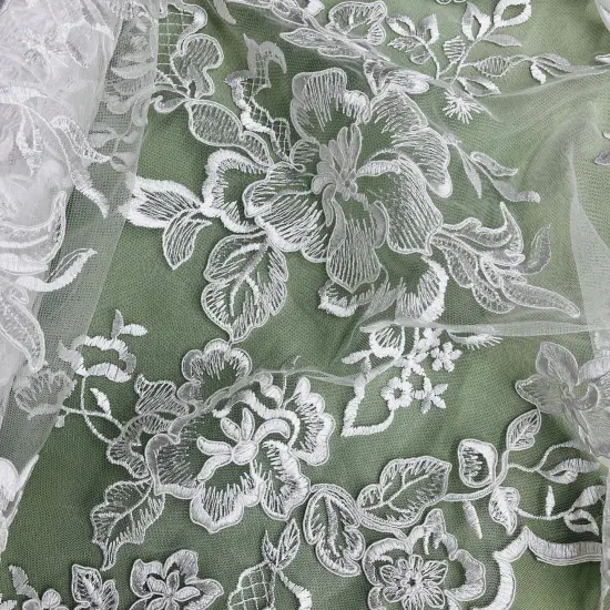 1 Yard Premium Corded Bridal Lace Fabric Embroidered on Polyester Net Mesh 53" Width Ivory {3}