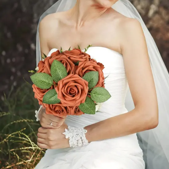 Artificial Flowers Burnt Orange Rose 25pcs Real Looking Fake Roses w/Stem for DIY Wedding Bouquets Centerpieces {2}