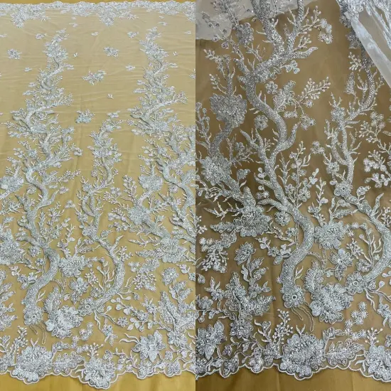 1 Yard Ivory Gold Beaded & Sequined Embroidered Lace Fabric on Polyester Mesh 48" Width Ivory with Gold {5}