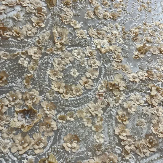 1 Yard Black Beaded 3D Floral Lace Fabric, Embroidered Mesh on 100% Polyester, 48" Wide Champagne {4}