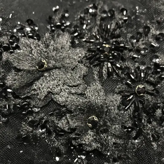 1 Yard Beaded 3D Floral Embroidered Lace Fabric on Polyester Net Mesh, 52" Width Black {7}