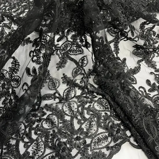 1 Yard Beaded and Corded Bridal Lace Fabric Embroidered on Soft Polyester Net Mesh 50" Width Red {2}