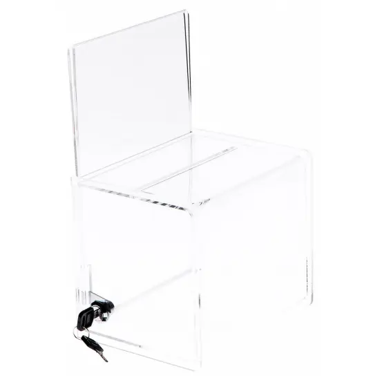 Plymor Clear Acrylic Locking Ballot / Collection Box With Sign Holder, 8" W x 6.5" D x 7" H (Holds 7.5" x 5" Sign) {1}