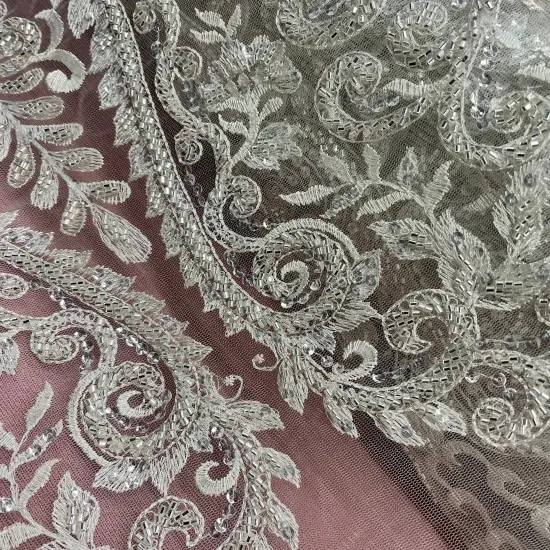 1 Yard Beaded Lace Fabric Embroidered on 100% Polyester Net Mesh - 54" Wide, Elegant Bridal & Dressmaking Fabric Antique Silver {7}