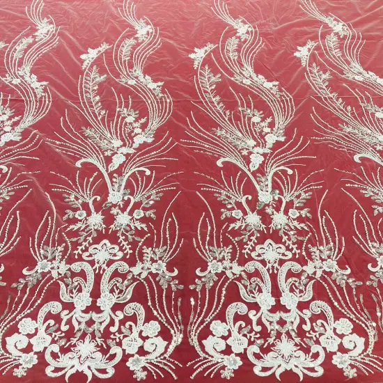 1 Yard Gold Beaded Lace Fabric on 100% Polyester Net Mesh, Embroidered Lace Fabric, 54" Width Silver {5}