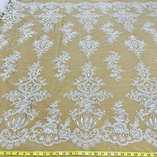 1 Yard Beaded Lace Fabric Embroidered on 100% Polyester Net Mesh, 53" Width, Premium Embroidery Lace Material White {1}