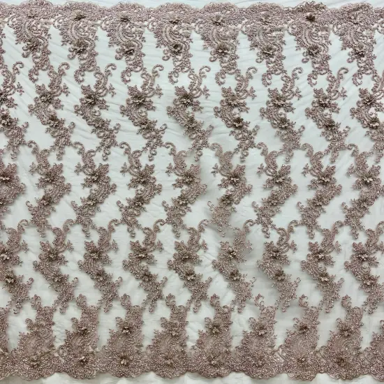 1 Yard Beaded 3D Floral Lace Fabric on 100% Polyester Net Mesh, Dusty Rose, 52" Wide, Elegant Embroidered Lace Fabric Silver {4}