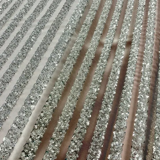 1 Yard Blush Beaded Lace Embroidered Fabric on Polyester Mesh, 54" Wide Off White Silver {7}