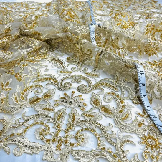 1 Yard Beaded Corded Bridal Lace Fabric on 100% Polyester Net Mesh, 53" Wide, Elegant Embroidered Design White {3}