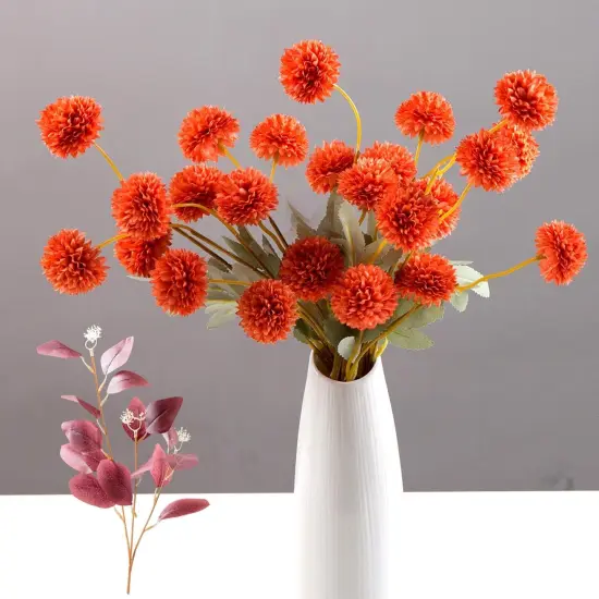 Pompon Mum Artificial Flowers, Orange Silk Faux Chrysanthemum Balls Fall Mini Chrysanth {6}
