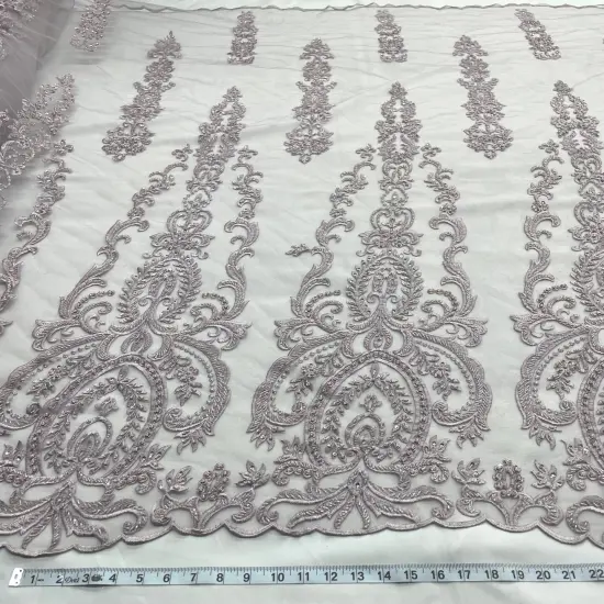 1 Yard Luxurious Beaded and Corded Bridal Lace Fabric Embroidered on 100% Polyester Net Mesh Blush 54" Width Plum {6}