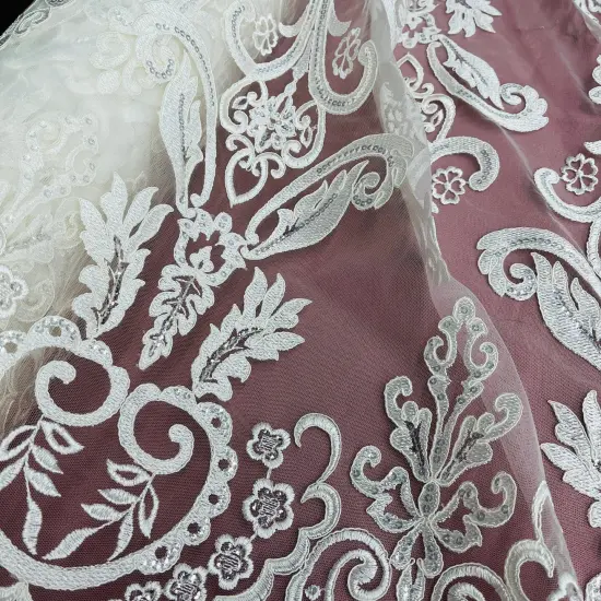 1 Yard Elegant Beaded and Corded Bridal Lace Fabric Embroidered on Polyester Net Mesh 51" Width Ivory {4}