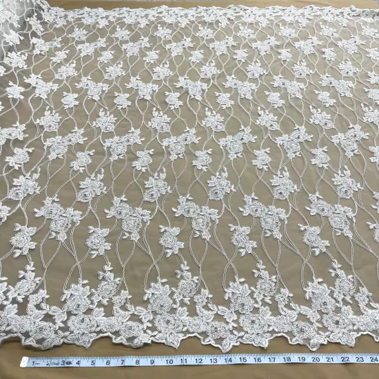 1 Yard Blush Beaded & Corded Bridal Lace Embroidered on Fabric 52" Wide Polyester Net Mesh Taupe {6}