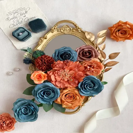 Artificial Flowers Bouquet Box Set (Orange, Teal) {2}