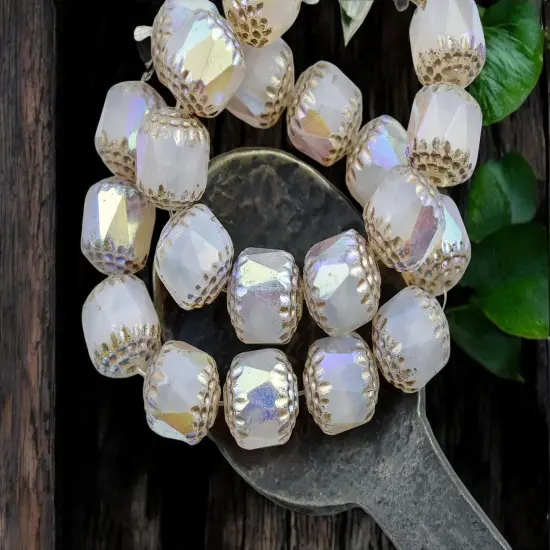 *10* 10mm Platinum Washed Milky Crystal AB Fire Polished Cathedral Beads {3}