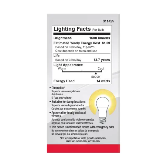 4Pk - Satco 14w 120v A19 LED E26 Medium Base 5000k Natural Light - 100w equiv {3}