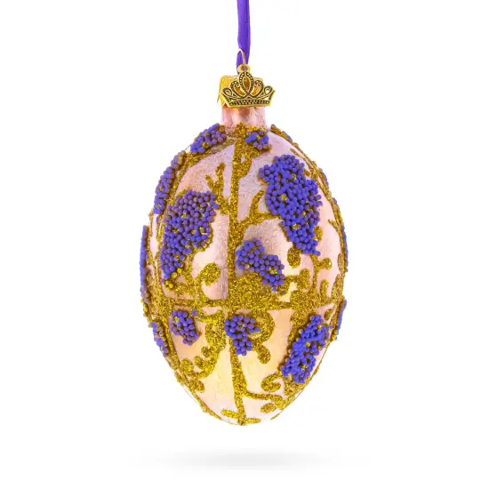 Golden Amber with Lavender Blossoms Beaded Glass Egg Ornament 4 Inches {1}