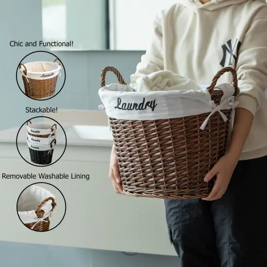 Wickerwise Handwoven Laundry Basket with Liner & Handles - Boho Decorative Storage Hamper for Clothes Blankets Pillows and Towels - Ideal for Laundry Room Bathroom Bedroom and Living Room Brown {5}