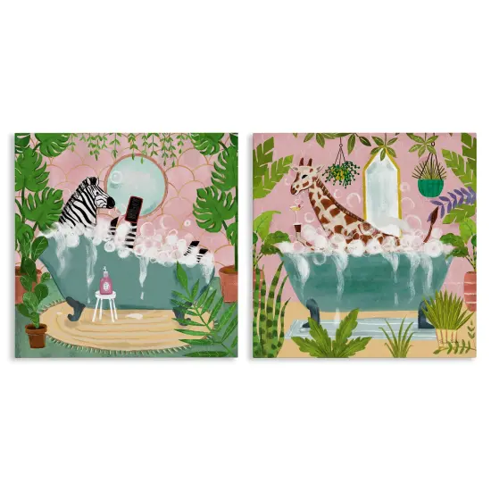 Stupell Industries Giraffe Zebra Safari Animal Tub 2 pc Canvas Wall Art Set Design by Farida Zaman {1}
