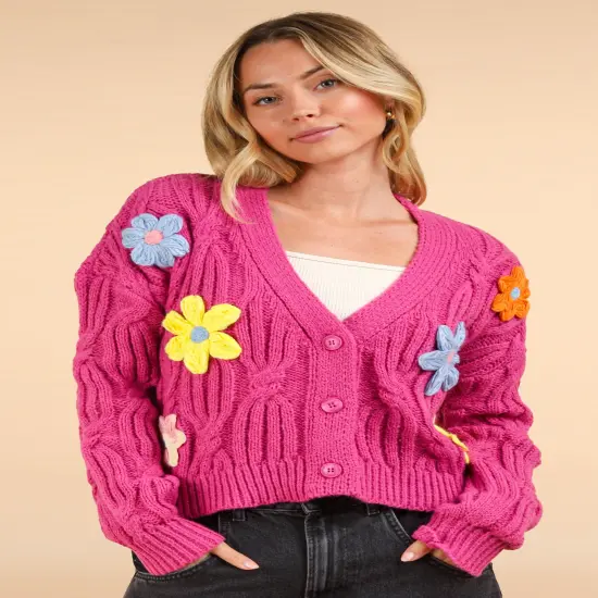Plus Size Flower Applique Lovely Knit Sweater Cardigan HOT PINK {3}