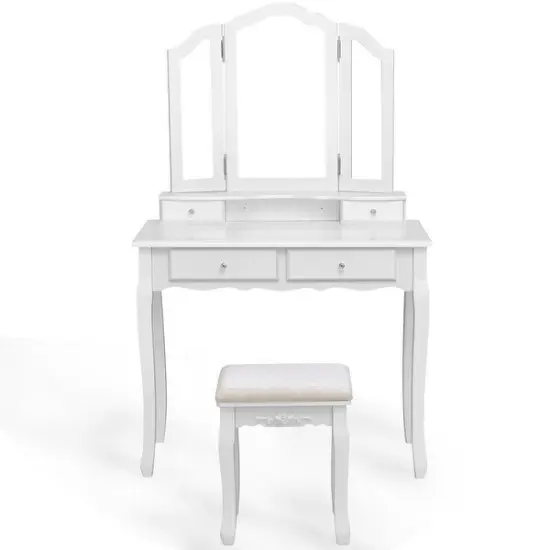 Tri Folding Mirror Vanity Table Stool Set with 4 Drawers and Cushioned Stool White {8}