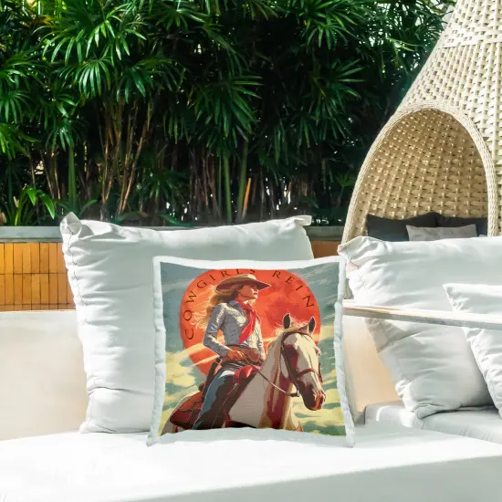 Cowgirls Rein Portrait Outdoor Printed Pillow Design by Steve Hunziker, 18 x 7 x 18 {2}