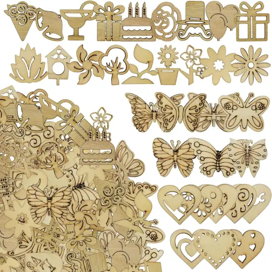 200Pcs Hollow Wood Pieces Unfinished Wooden Vintage Embellishments (Mix) {1}