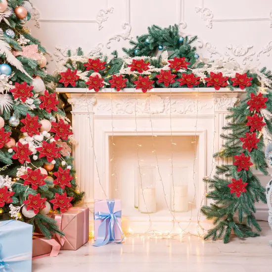 12PCS Christmas Poinsettia Flowers Decorations Artificial Red Glitter Poinsettia Ornaments with Clips & Stems for Xmas Tree, Wreaths, Garland, Holiday Decor {6}