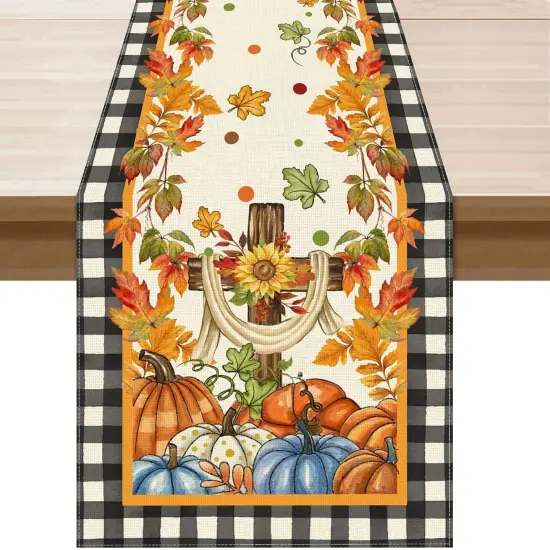 Fall Cross Maple Leaves Pumpkin Plaid Table Runner Table Decoration,13x72 Inch {1}