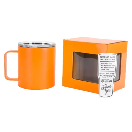 Makerflo 12 oz Powder Coated Camper Mug with Leak-Proof Clear Lid, Ideal for Craft and Personalization (Laser Engraving, UV DTF, Epoxy, and Vinyl) Orange {1}