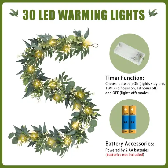 Eucalyptus Garland with Lights - 6 Ft Greenery Garland - Artificial Silver Dollar Olive - Spring/Summer Green for Indoor/Outdoor Home Decor Weddings Arches Backdrops Table Decor {3}